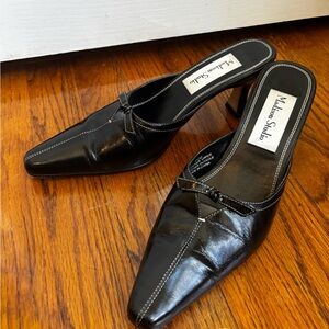 Madison Studio Black Leather Pointed-Kitten Heel Mules